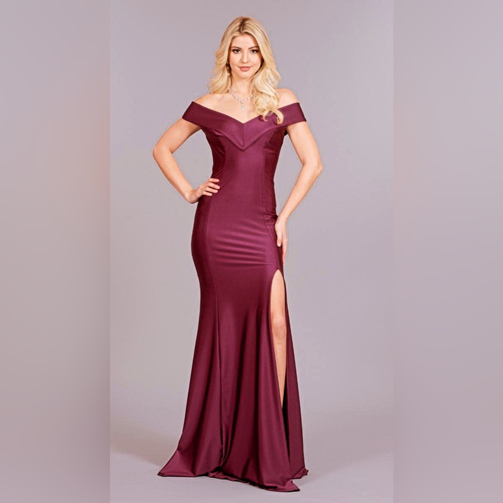 Atria burgundy wine jersey prom gown